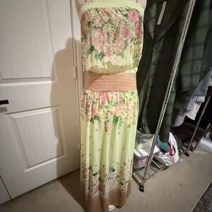 FARM Floral Strapless Maxi Dress in Lemon and Tan SIZE M